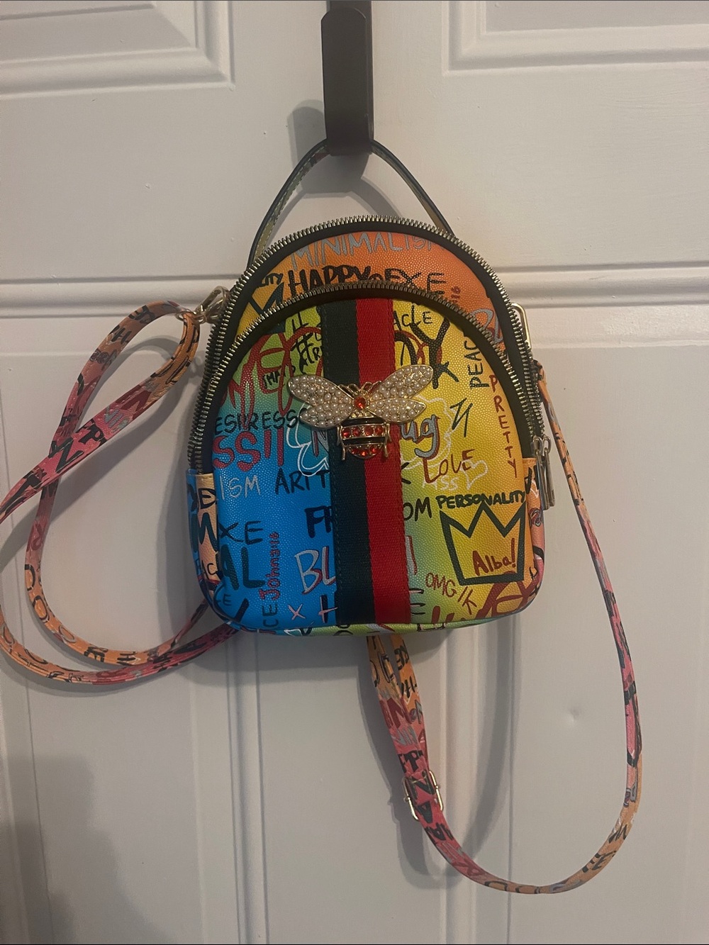 Alba Multicolor Graffiti Mini Backpack with Rhinestone Bee
